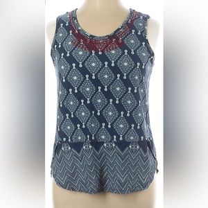 •VINTAGE AMERICA•BLUE DIAMOND PATTERN W/RED EMBROIDERED TASSELS TANK TOP SIZE XL